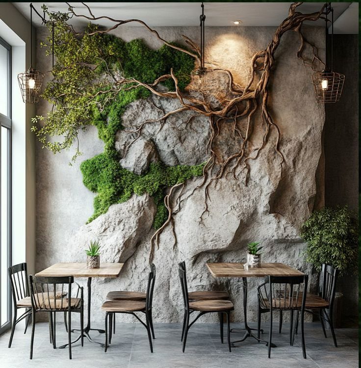 23 Wall Decor Design Ideas (Gallery Walls, Moss Walls, Rattan) 22 Textured rock wall with green moss and large winding tree roots in a cafe.