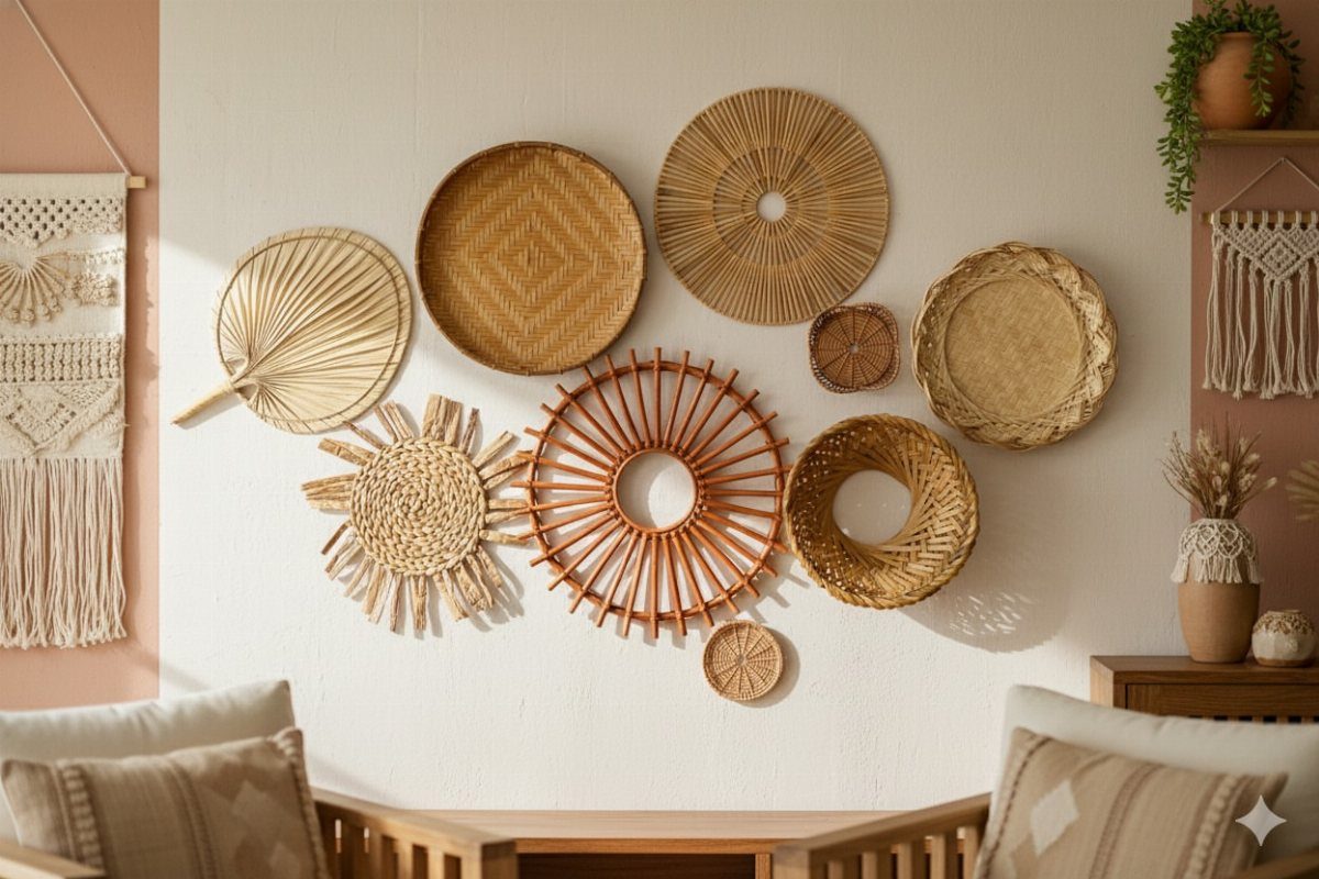 23 Wall Decor Design Ideas (Gallery Walls, Moss Walls, Rattan) 9 Assorted woven rattan wall hangings arranged in a decorative cluster on a white wall.