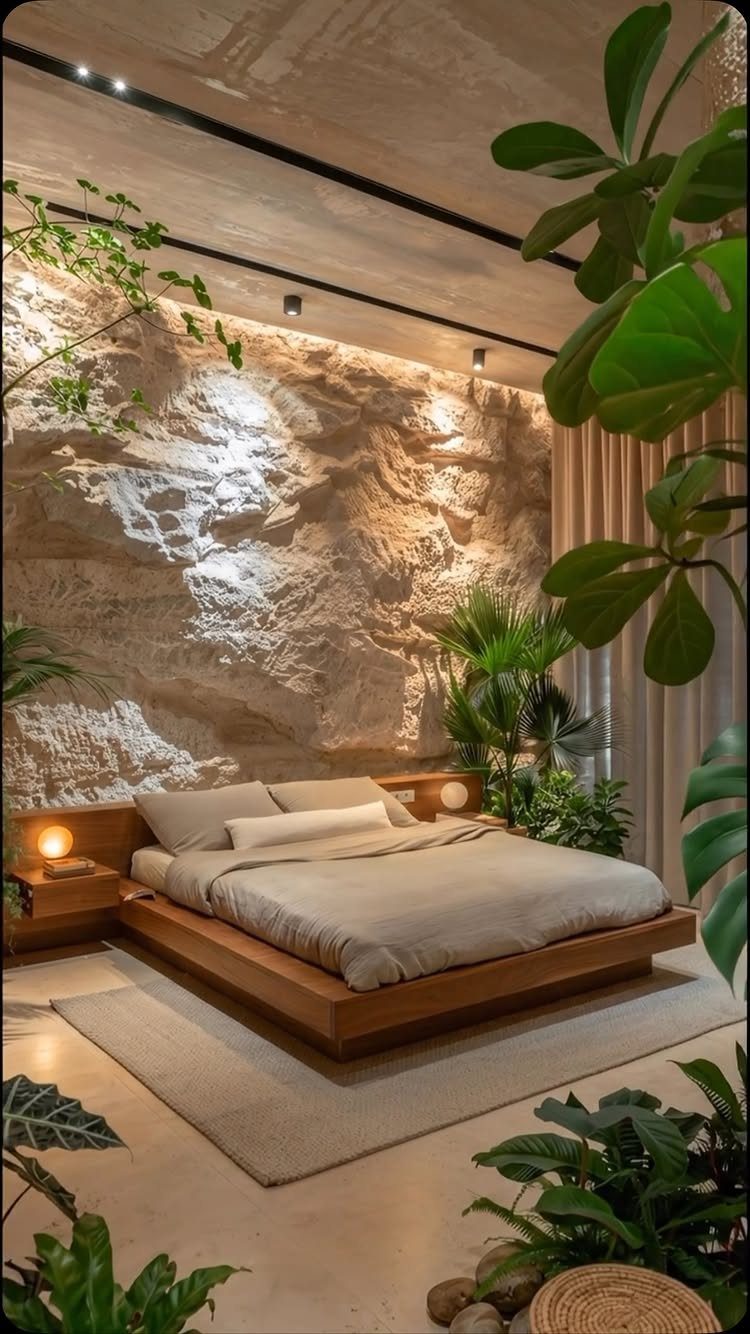23 Wall Decor Design Ideas (Gallery Walls, Moss Walls, Rattan) 20 A low wooden platform bed sits against a large, textured stone accent wall with plants.