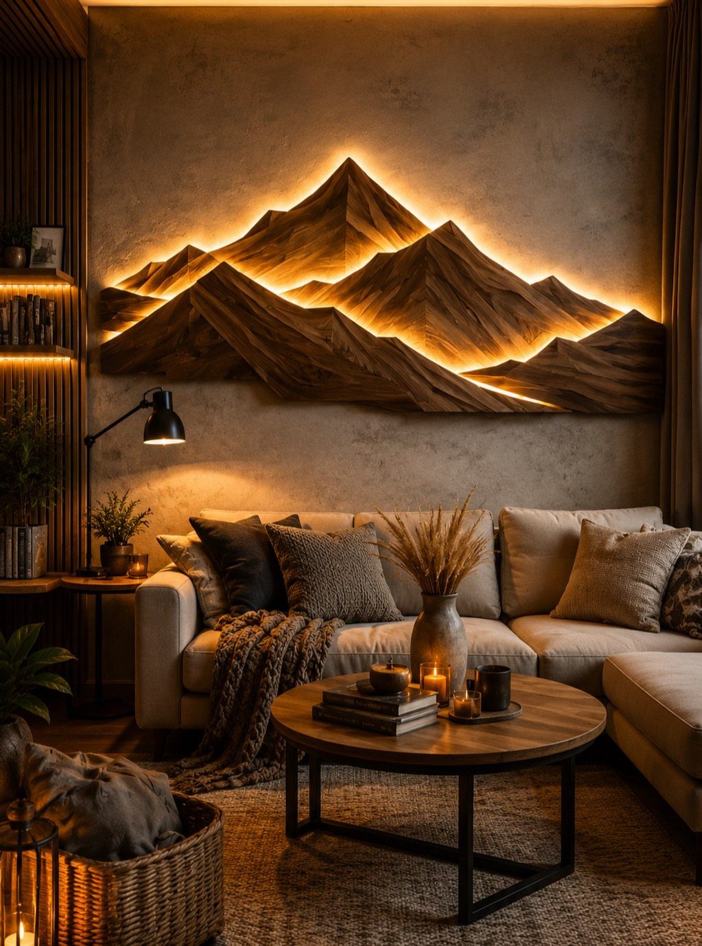 23 Wall Decor Design Ideas (Gallery Walls, Moss Walls, Rattan) 13 Large wooden mountain sculpture with warm backlighting mounted on a textured wall above a sofa.