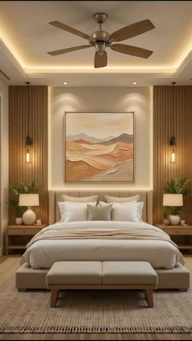 23 Wall Decor Design Ideas (Gallery Walls, Moss Walls, Rattan) 5 A modern bedroom with a large landscape painting, wood paneling, and warm ambient lighting.