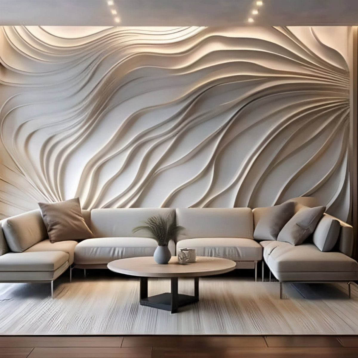 A modern living room with a large white wavy 3D sculptural wall panel and beige sofa.