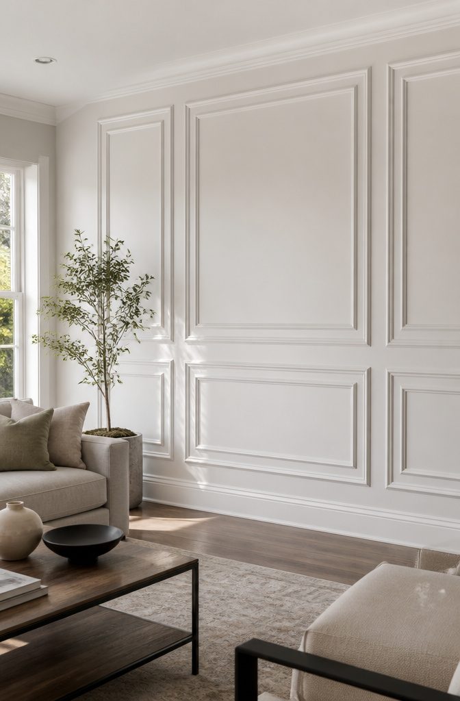 Wall Trim Types: A Guide to Moulding, Wainscoting and Paneling 1 Modern living room with applied wall moulding in a rectangular pattern.