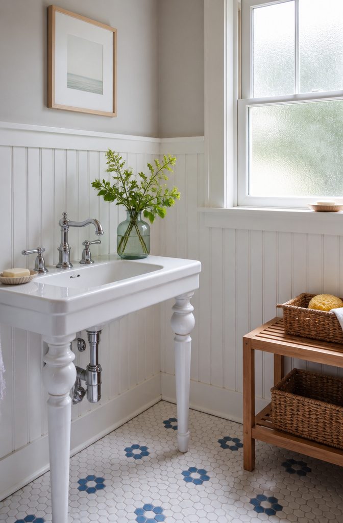 Wall Trim Types: A Guide to Moulding, Wainscoting and Paneling 4 Bathroom with white beadboard and a vintage-style sink.