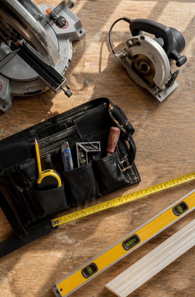 Wall Trim Types: A Guide to Moulding, Wainscoting and Paneling 11 Tape measure and level laid out for wall trim installation.