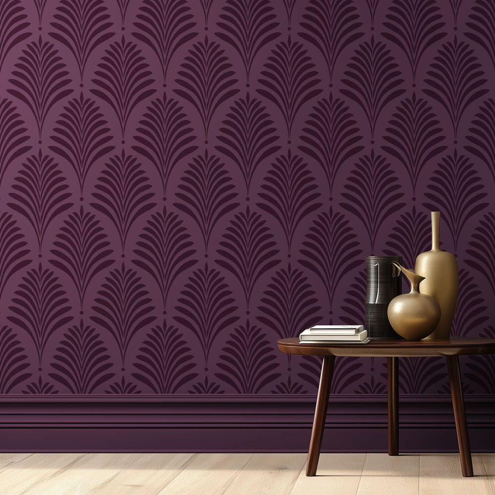 Deep purple wallpaper with a large repeating dark fan pattern behind a wooden table and vases.
