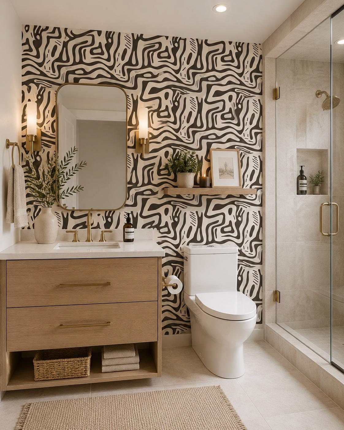A bathroom with a white toilet and vanity set against bold black and white patterned wallpaper.