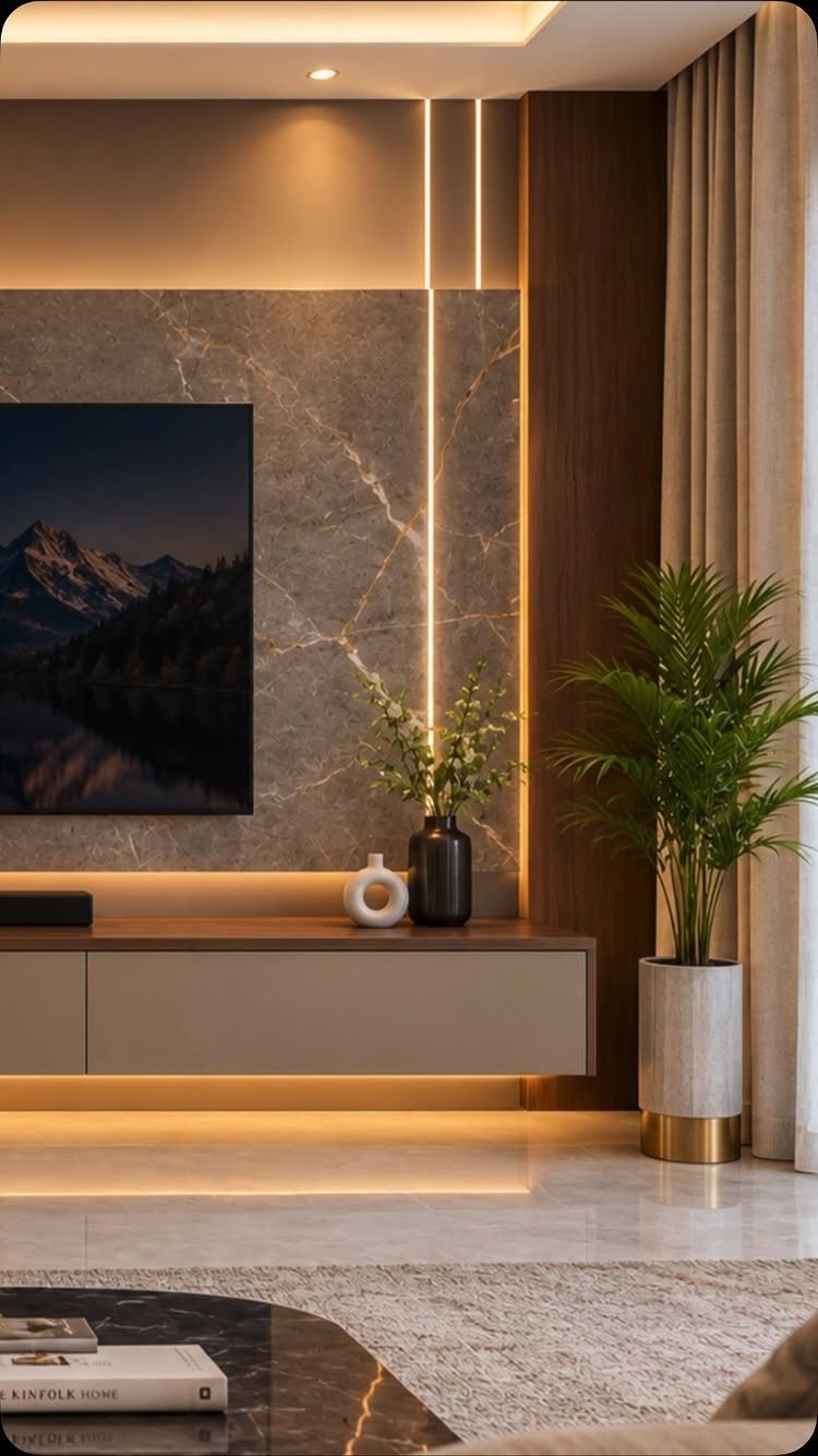A modern living room with a grey marble patterned accent wall and warm integrated lighting.