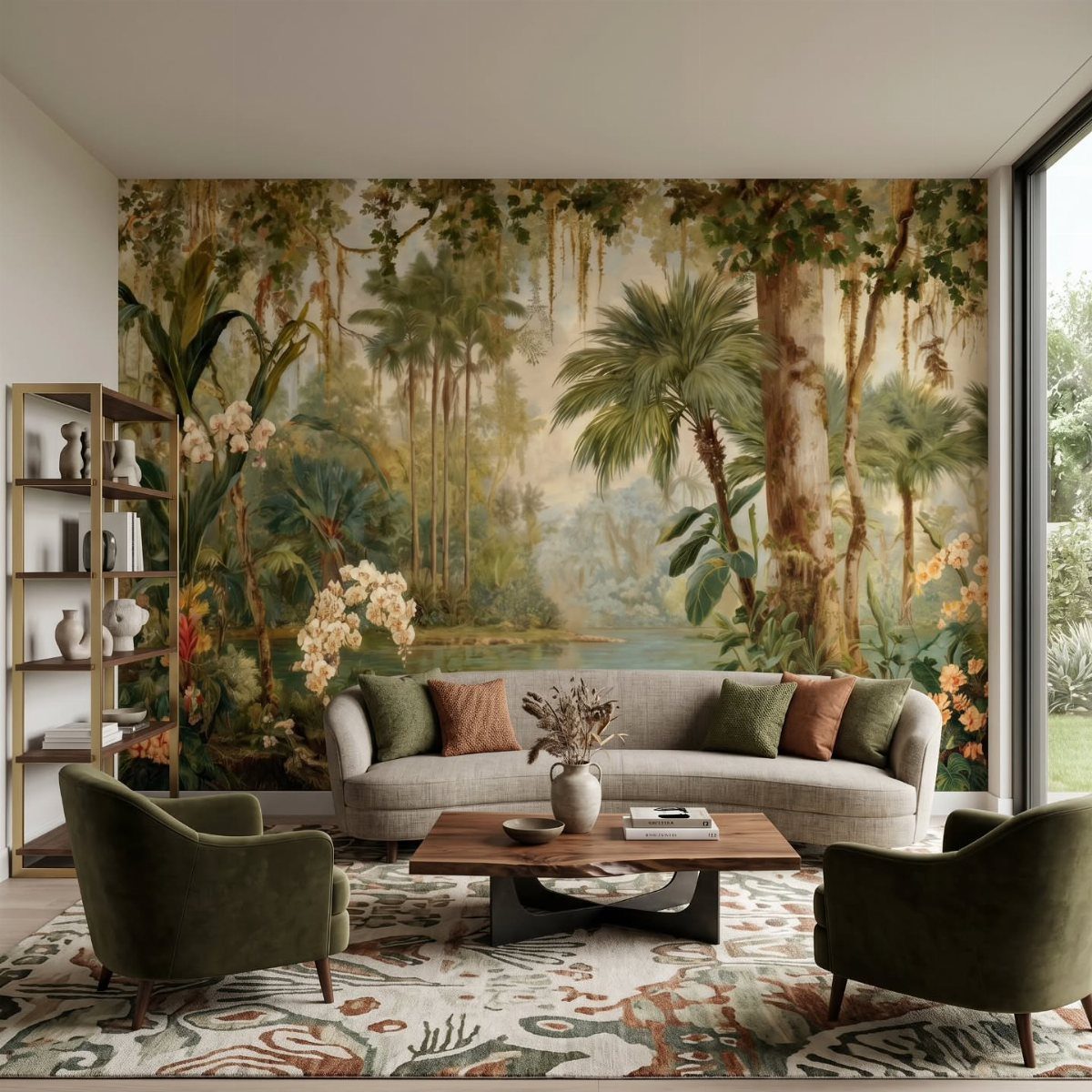 Tropical jungle mural wallpaper behind a grey sofa and green velvet armchairs in a living room.