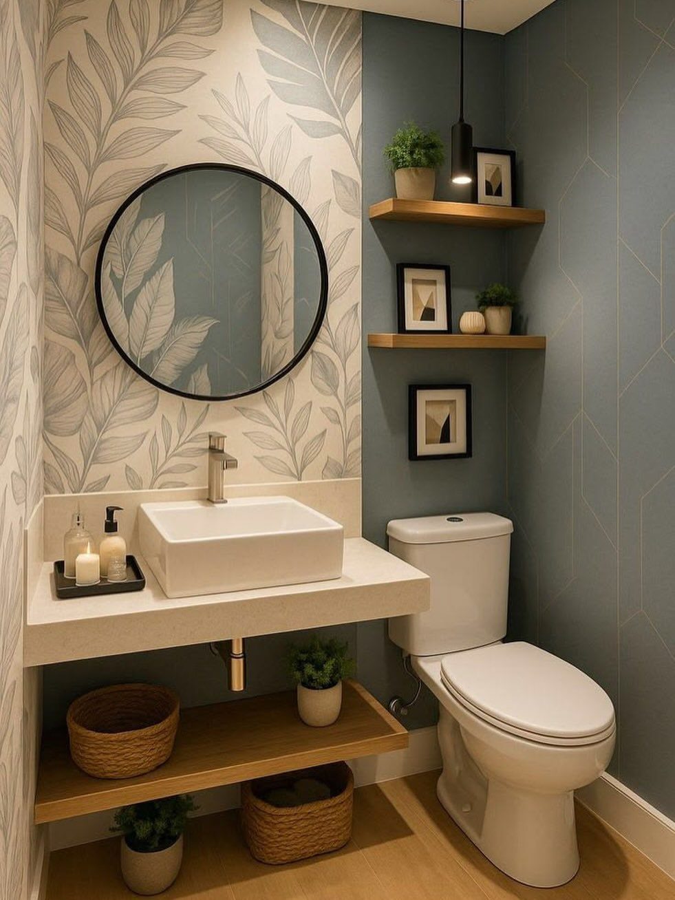 A small bathroom with patterned wallpaper, a white sink, and a toilet with wooden shelving.