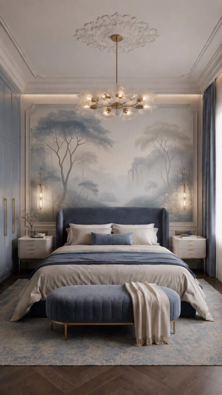 A bedroom with a soft blue landscape mural wallpaper behind a blue velvet bed.