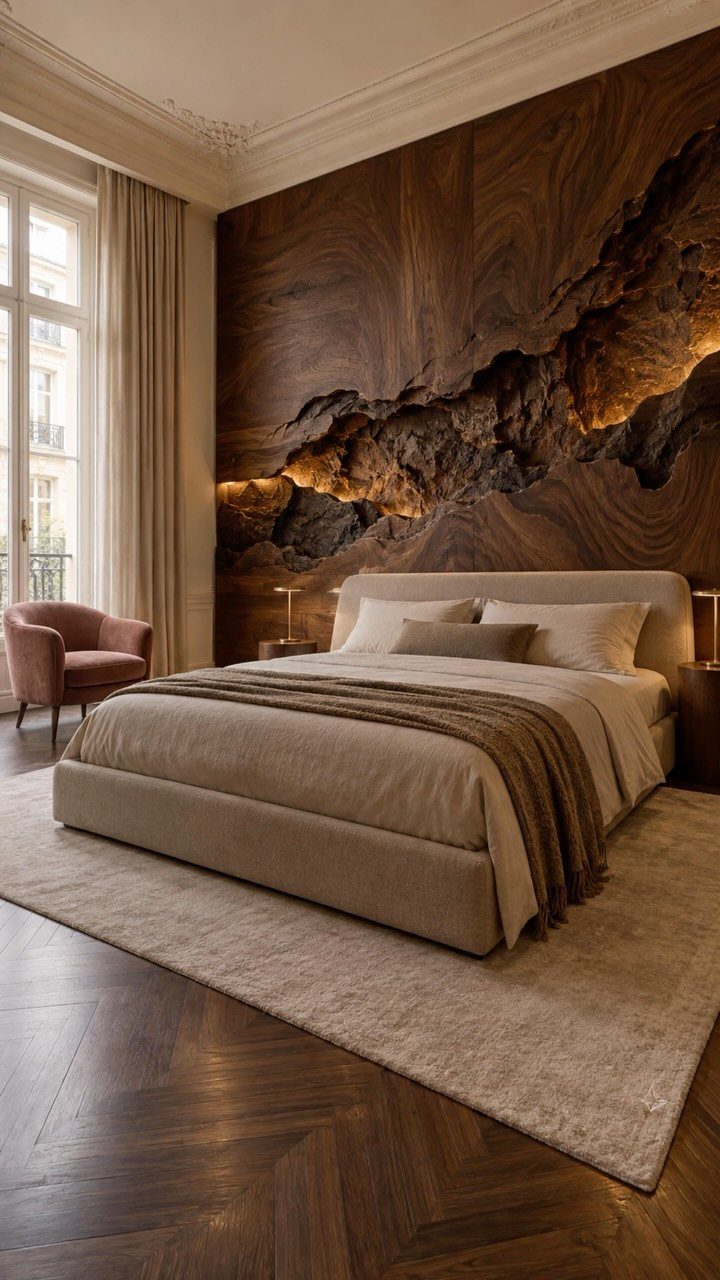 Dark wood feature wall with a backlit live-edge design behind a neutral bedroom bed.