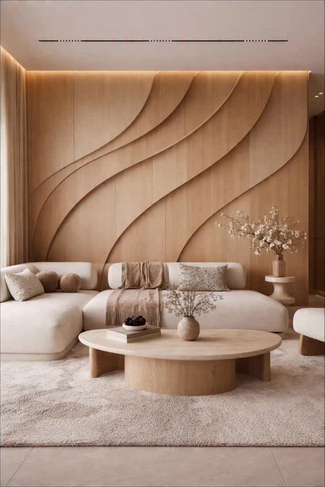 Light wood wall panels with flowing wave patterns in a modern living room setting.
