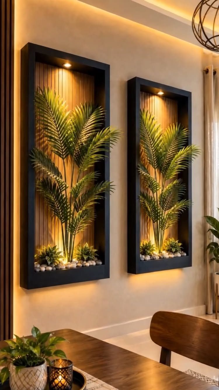Two black wall niches with wooden slats and green palm plants illuminated by warm light.