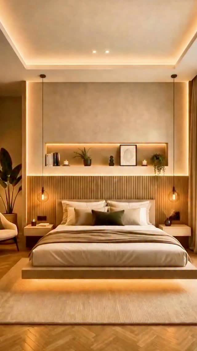 A modern bedroom with a bed positioned against a vertical wood slat accent wall.