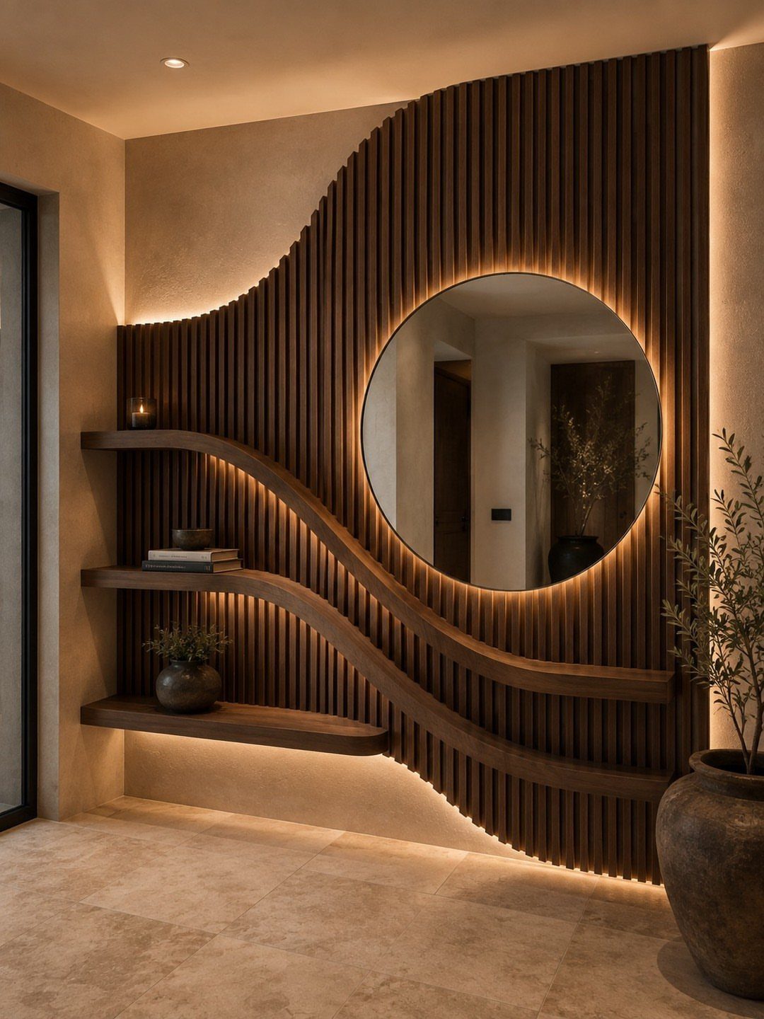 Curved dark wood slat wall with wavy floating shelves and a backlit circular mirror.