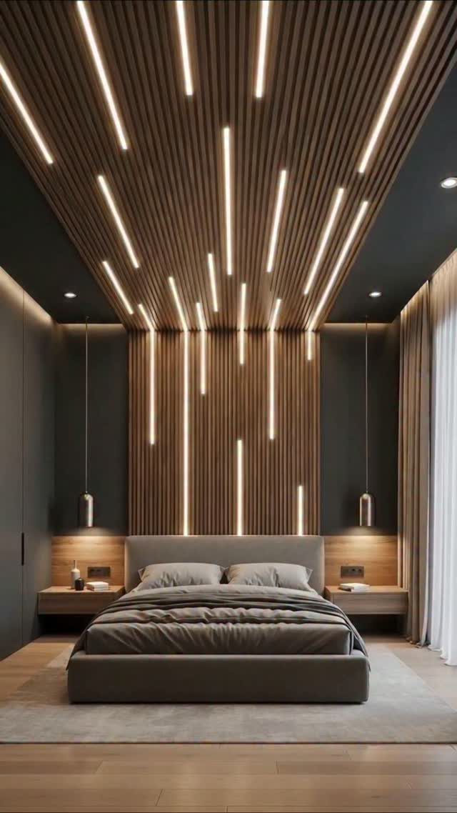 Modern bedroom with a wood slat wall and ceiling featuring integrated linear LED lighting strips.