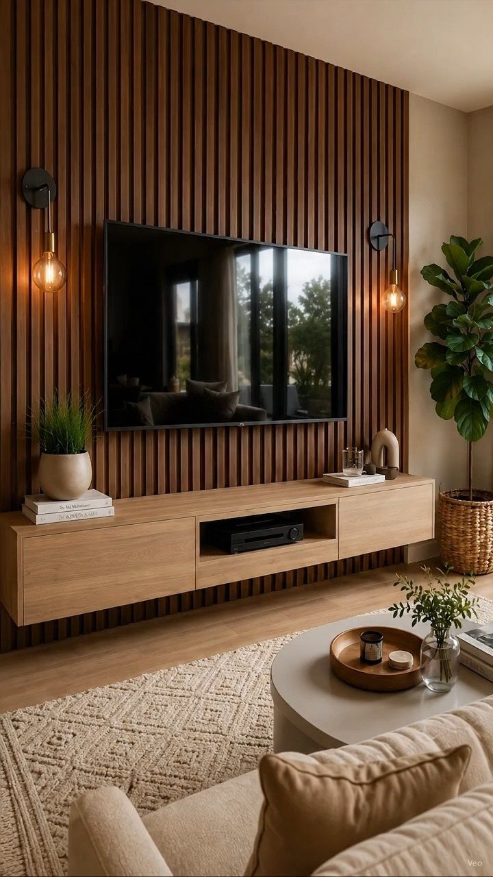Dark wood slat accent wall behind a television and a light wood floating media console.