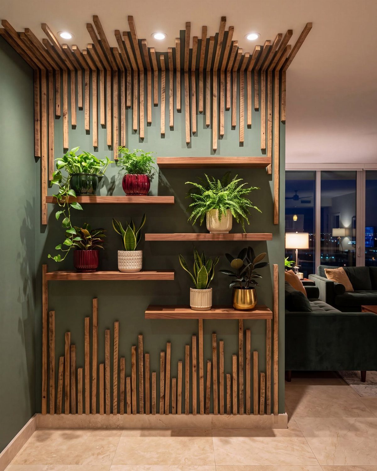 Vertical wood slats on a green wall with wooden shelves holding various green potted plants.