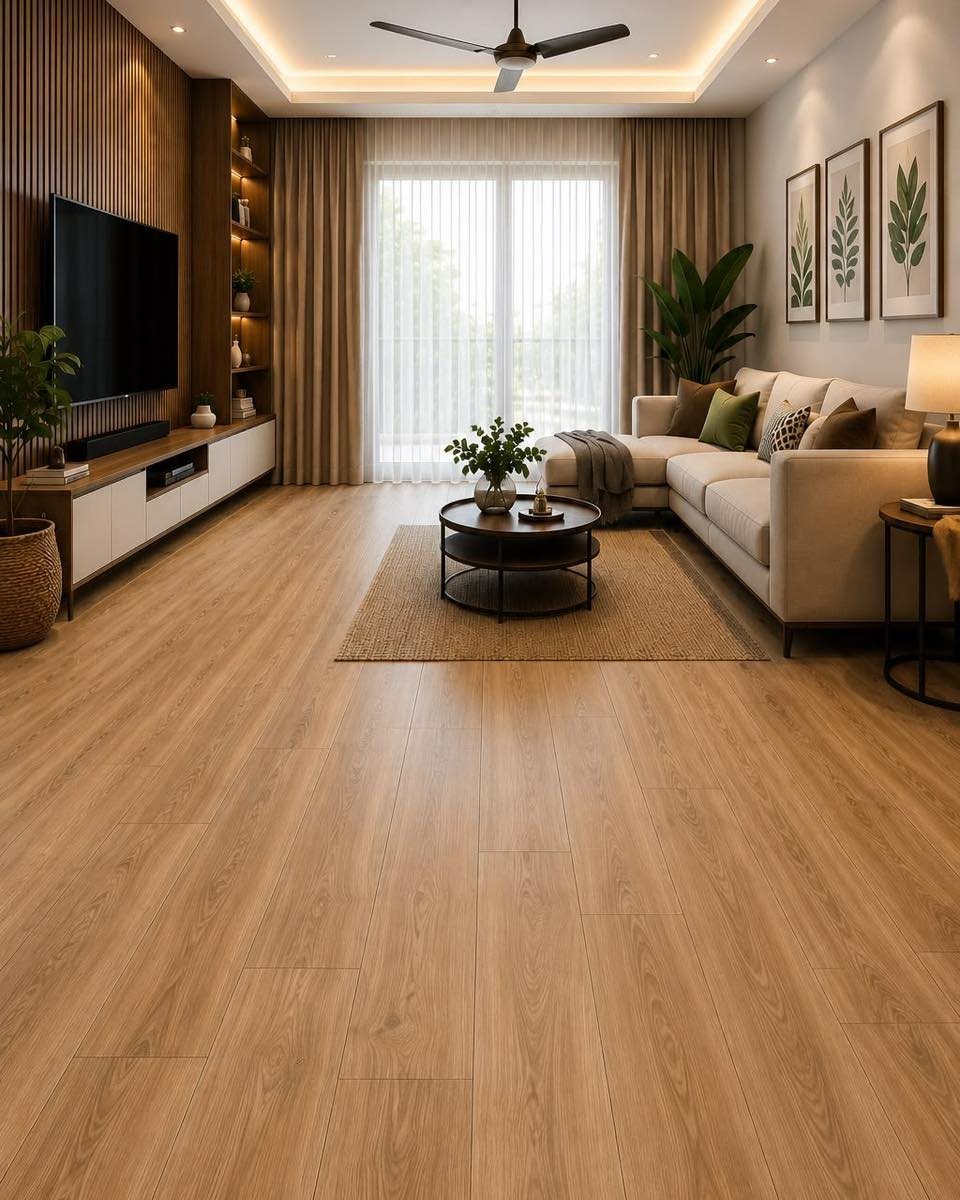 Wood Tile Pattern: 6 Layouts That Actually Work 3 Light brown wood tile flooring laid in an offset pattern within a modern living room.