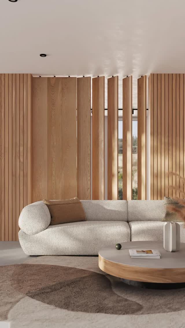 Wooden Plank Design: 6 Looks for Walls and Accents 3 Vertical light wood planks of varying depths creating a textured 3D wall behind a white sofa.