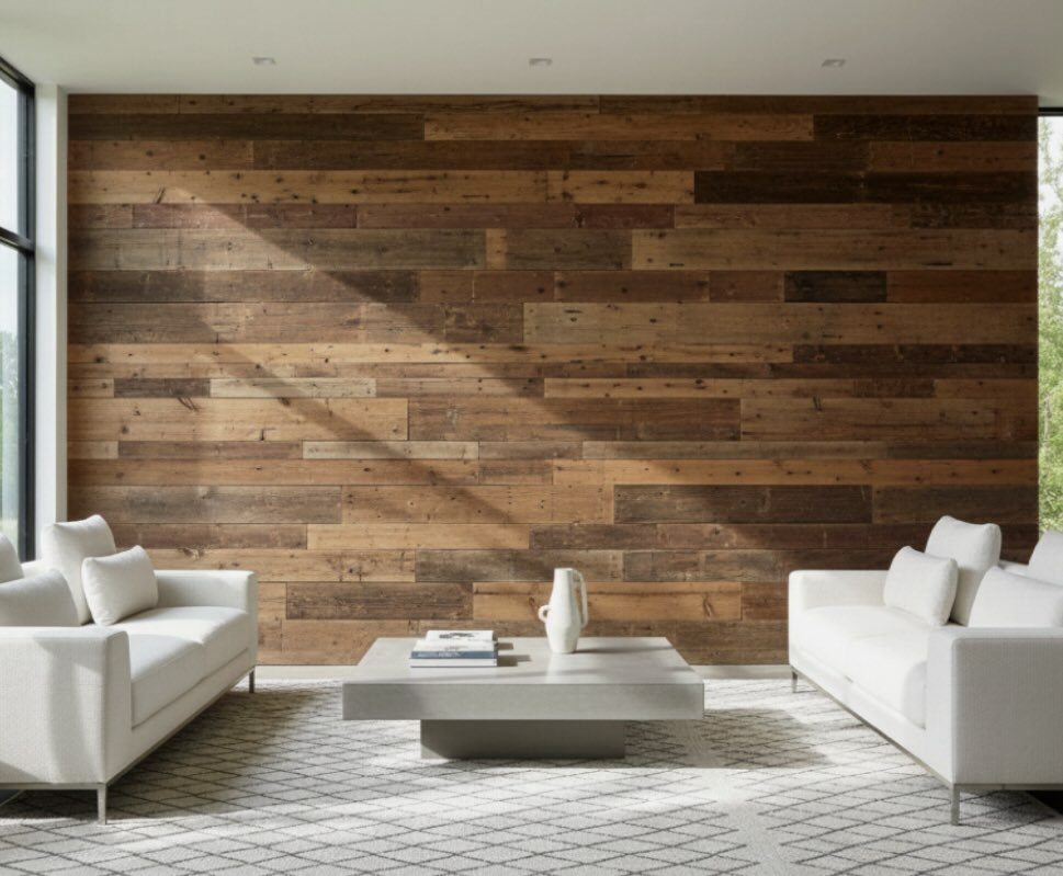 Wooden Plank Design: 6 Looks for Walls and Accents 1 Reclaimed wooden planks form a large accent wall in a modern living room with white sofas.