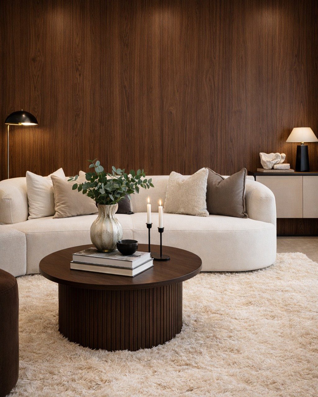 Wooden Plank Design: 6 Looks for Walls and Accents 4 Dark walnut wood wall planks behind a curved cream sofa and coffee table.